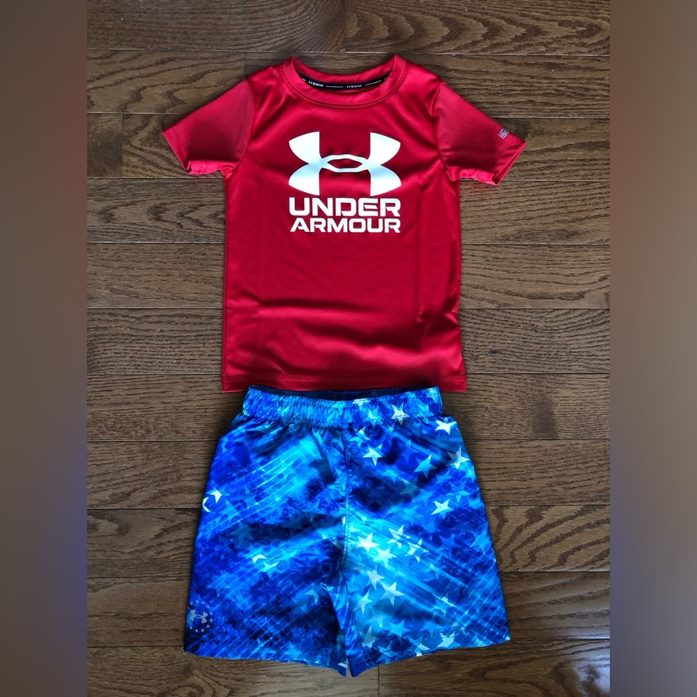 Under Armour Americana Rash Guard and Swim Trunks Set- size 4